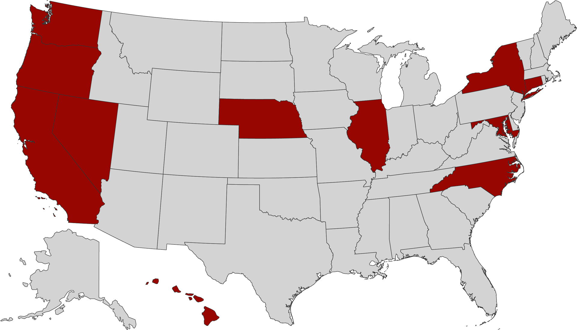 map of the US with the states California, Connecticut, Hawaii, Illinois, Maryland, Nebraska, Nevada, New Jersey, New York, North Carolina, Oregon, Washington highlighted